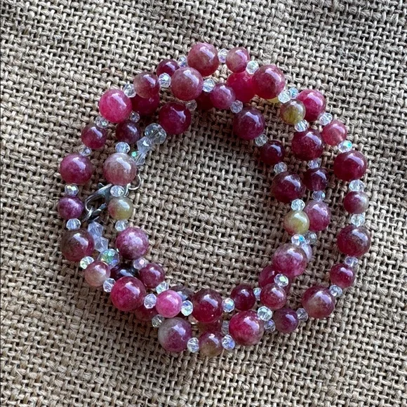 Natural Pink Tourmaline 8mm Bead necklace & Crystal spacers - Picture 6 of 8